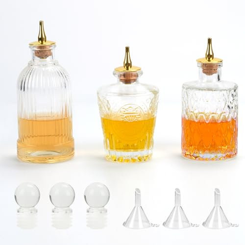 Vintage Glass Bottle 3 pcs Bitters Bottle With Metal pouring spout and sealing plugs, Cocktail Whiskey Mixing Drinks Dispenser for Home Pub or Kitchen Bar