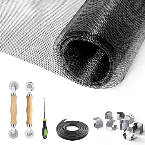King&Charles Window Screen Door Repair/Replacement Kit, Include Black Screen Mesh 59x106+ 2 Roller+50Ft Spline+8Clips+Hook, 6 in 1 Window Mesh Kit, Steel/Nylon Bearing Roller