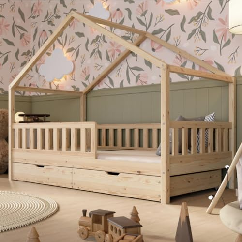 Crazy Pine Montessori Hausbett mit Schubladen Crazy House 80x160 cm - Natur