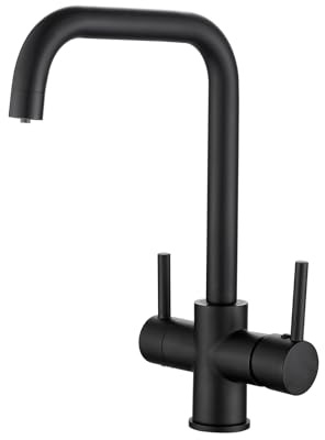 Vuadzren 3-Wege Küchenarmatur aus Messing | Zweigriffmischer für Einlochmontage | 360° schwenkbarer Auslauf mit Trinkwasserfunktion (3-in-1) | inkl. Anschlussschläuche G3/8 - Schwarz