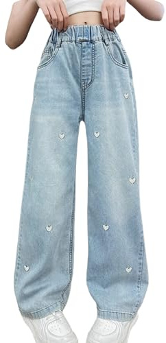 Rolanko Mädchen Jean Hosen Loch Denim Blau Jeans, Vintage Hose mit weitem Bein für Kinder Fit, Herz Stickerei, Größe: 10-11 Jahre/150