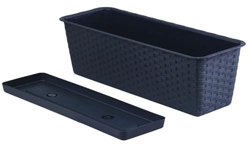 Fioriera da balcone, 59 x 17 x 15 cm, con sottovaso, in effetto rattan, durevole e resistente alle intemperie, per davanzale, terrazza e interni, elegante vaso per piante, colore antracite