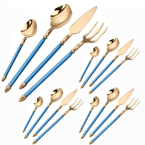 Générique Couverts de Cuisine en Acier Inoxydable, Couverts de Table, Couteau à Steak, Fourchette, cuillère à café (Bleu Or, 16 pièces)