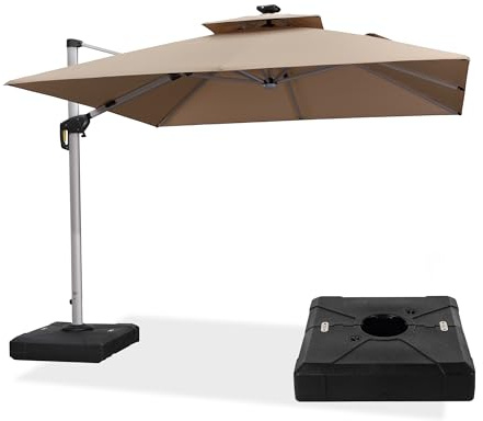 PURPLE LEAF Sonnenschirm 300 x 300 cm mit LED Solar Beleuchtung Ampelschirm mit Schirmständer Marktschirm Balkonschirm 360°Rotation, Gartenschirm mit Kurbel Sonnenschutz UV50+, Beige