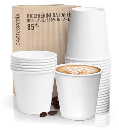 CARTOSPEDÌA – 1000 Bicchierini Caffè Carta, 75 ml, Bicchieri Caffe Monouso Biodegradabili per Espresso, Accessori Caffe indispensabili, Espresso Cup Made in Italy 100%, Total White