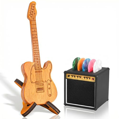 JYCSTE Guitar Picks Holder Box, Pick Display Holder, Amp Speaker Styled Pick Holder und Wooden Guitar Pick Holder mit Stand, Pick Storage Box Set für Gitarristen und Musikbegeisterte