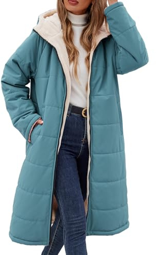 Vancavoo Women's Coats Long Winter Jackets Fleece Puffer Coat Warm Fleece Lined Thick Overcoat Full Zip Hooded Reversible Outerwear,Dark Blue,XL