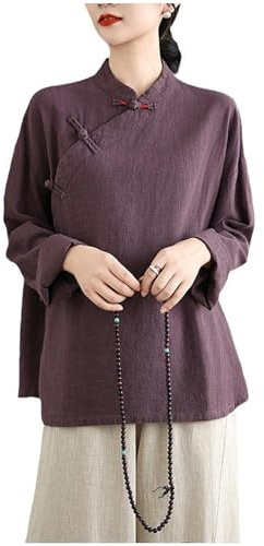 DAYKET Dam bomull linne kung fu-kostym kinesisk kampsport uniform meditationsdräkt långärmad skjorta byxor outfit, lila XXL
