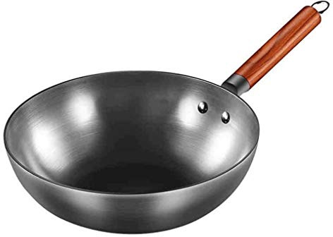 Poêle Wok - 12,5 Pouces Woks et sauteuses - Wok Chinois - Woks Traditionnels Chinois et Japonais - Poêle en Fonte Non revêtue adaptée à Un Usage Domestique
