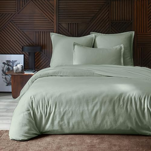 Duquennoy & Lepers - Parure Housse de Couette 2 Personnes en Flanelle 100% Coton - Housse de Couette 240x220 CM avec Rabat et 2 Taies d'oreiller 63x63 CM - Uni Vert