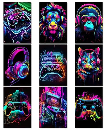 Cunegra 9 Stück Gaming Poster, Bunte Gaming Bilder Jugendzimmer Jungen, Jugendzimmer Deko Jungen mit Tiermustern, Geschenke für Gamer, Ohne Rahmen, 20 X 30 cm