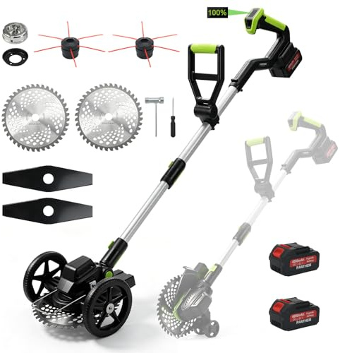 Desbrozadora 3 en 1 con batería de 630 W para Makita 18 V con 2 baterías de 4,0 Ah, 2 ruedas auxiliares, desbrozadora inalámbrica sin escobillas para césped, bordes y malas hierbas – 23 cm de ancho de