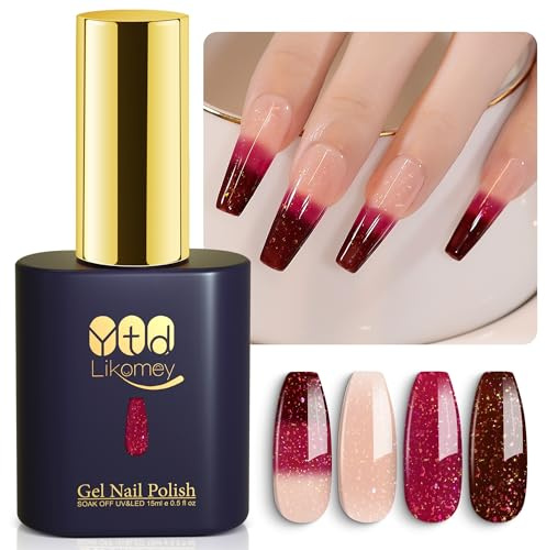 YTD Likomey Semi permanent nagellack nagellack färgförändring gel, tre färger 15 ml paljetter temperaturförändring UV manikyr gel nagellack-naken vattenmelonröd WB608