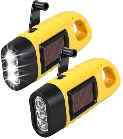 2 Pack Wind Up Solar Torch LED Hand Crank Torch Super Bright LED Solar Powered Emergency Flashlight Portable Camping Torch with Carabiner Hook Survival Gear for Hiking Outdoor Activities Power Cuts
