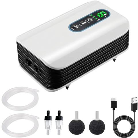 Nikou Aquarium Luftpumpe 3W, Leise Sauerstoffpumpe Regelbar Aquarium Belüfter mit Luftstein, Doppel Auslass, 6-Stufig Einstellbarer Luftstrom, Aufladbar, Zubehör für Aquarien, Angeln im Freien