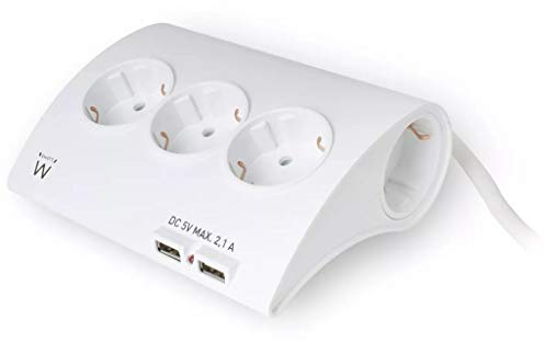 Ewent Regleta Enchufes de 5 Tomas Corrientes Schuko y 2 Puertos USB,Regleta Enchufe(3680W/16A),Multiple Carga.Regleta Base Multiple con Interruptor,Protección contra Sobrecargas,con Cable 1.5M,Blanco