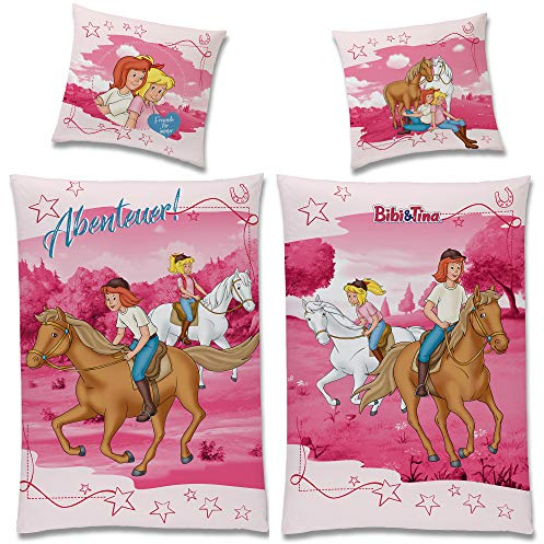 Bibi und Tina Kinder Wende-Bettwäsche Abenteuer m. YKK Reißverschluss 135 x 200 + 80 x 80 cm 100% Baumwolle Linon / Renforcé - Blocksberg Martin Pferde-Bettwäsche Amadeus Sabrina Deutsche Größe 19R