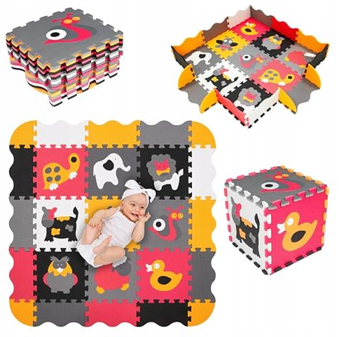 Humbi Puzzlematte Eva Schaumstoff für Babys und Kinder Krabbelmatte Spielmatte Fitnessmatte 31.5x31.5 cm Laufstall 95x95 cm (Tiere/Orange-Grau)