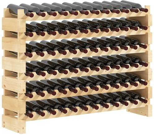 HOMCOM Scaffale Portabottiglie in Legno di Abete, Cantinetta Portabottiglie con 6 Ripiani per 72 Bottiglie e Peso Massimo 100 kg, 114x28x85 cm, Legno Naturale