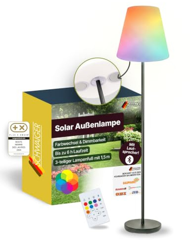 SCHWAIGER Solar Außenlampe mit Lautsprecher I 1,5 m LED-Stehleuchte für draußen I per Fernbedienung steuerbar & IP44 spritzwassergeschützt I dimmbar & mit Farbwechsel I Solarlampe mit Bluetooth-Box