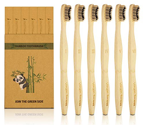 Brosse à dents en bambou, naturel et écologique, charbon biodégradable, poils doux bio sans BPA, brosse à dents de voyage en bois (haut de gamme, manche ergonomique et 6 poils bicolores)