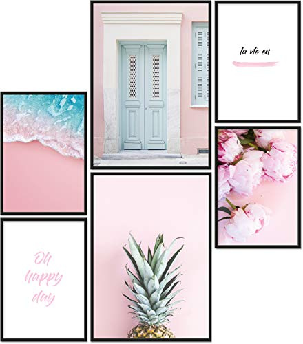 Papierschmiede® Mood Poster Set La Vie En Rose, Bilder Wohnzimmer Deko Schlafzimmer, 2x DIN A4 und 4x DIN A5, Rosa Ananas Pfingstrosen - ohne Rahmen