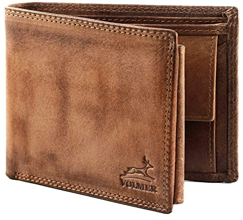 Fa.Volmer ® Leder Geldbörse Herren mit RFID-Schutz I extra-stabile Doppelnaht I 9 Fächer für Kreditkarten I Querformat I VO11 RFID Diverse Farben (02 braun (+RFID))