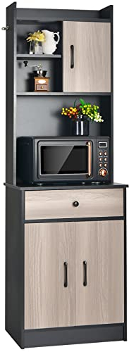 COSTWAY Küchenschrank, Buffetschrank mit Schublade, verstellbare Einlegeböden und Kabelloch, Hochschrank Küche Holz, großes offenes Raum für Mikrowelle, freistehend, 60 x 40 x 180cm (schwarz)