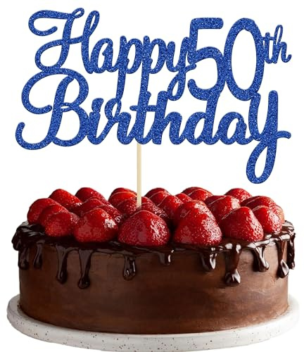 Gyufise 3Pcs Happy 50th Birthday Cake Topper Blue Glitter 50th Birthday Cake Pick Cheers to 50 Years Old Fifty and Fabulous Cake Decorations for 50th Birthday Wedding Anniversary Party Supplies