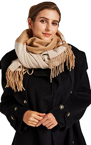 VaneriHome Damen Schal Wolle mit klassisches Karo Design und Quaste Winter dicke Deckenschal 70 x 190 cm, Braun Hellbraun