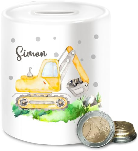 Spardose - Bagger I Baggerfahrer Geschenk - Unisize - Weiß - Kinder Geschenke kindersparbüchse baufahrzeug Name sparbüchsen für Kind personalisierte Fahrzeug Digger sparbüchse Junge