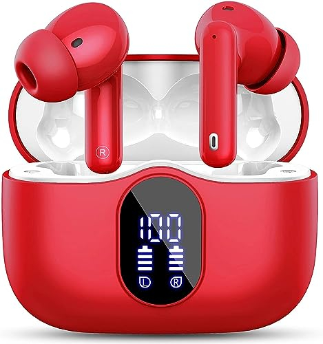Wireless Earbuds, Bluetooth 5.3 Headphones In Ear with 4 ENC Noise Cancelling Mic, LED Display New Bluetooth Earbuds Mini Deep Bass Stereo Sound, 36H Playtime, Wireless Earphones IP7 Waterproof, Red