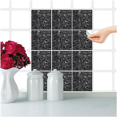 FoLIESEN - Lámina autoadhesiva de 15 x 15 cm, para azulejos y cenefas, para baño, cocina y frentes de cocina, extraíble, 80 unidades, granito negro