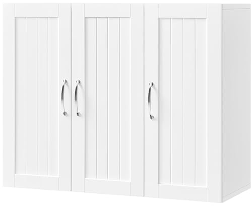 Yaheetech Bathroom Wall Cabinet with 3 Doors, Wall-Mounted Storage Cupboard with Adjustable Shelf, Medicine Storage Cabinet for Kitchen, Living Room and Corridor, 31D x 75W x 60H cm, White