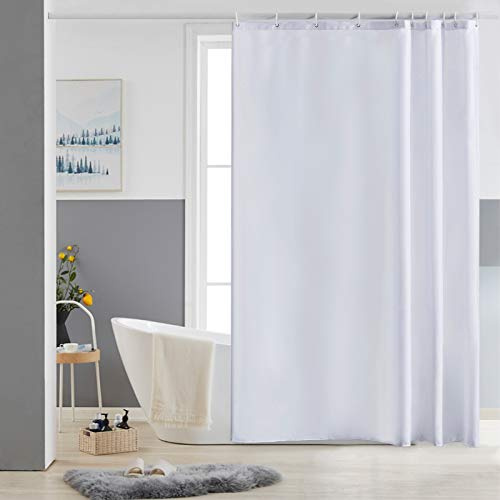 Furlinic Schmaler Duschvorhang für Dusche und Badewanne, Badvorhang Textil aus Polyester Stoff schimmelresistent Wasserabweisend und Waschbar, Weiß 150x200 mit 10 Duschvorhangringen.