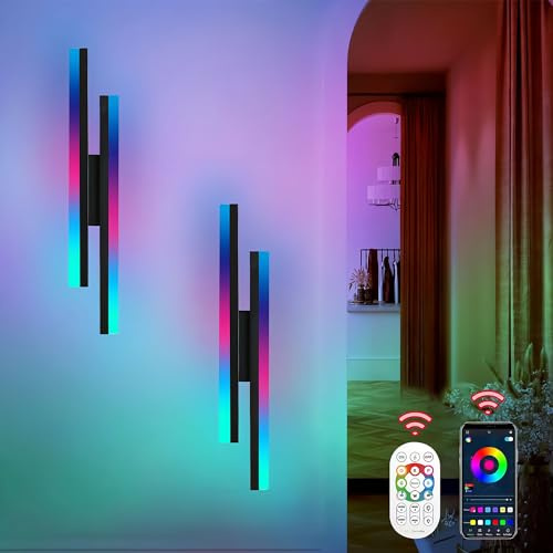 2 Stücke RGB Wandleuchte LED Dimmbar Wandlampe Innen mit Fernbedienung und APP 16W Moderne Wandbeleuchtung 48cm Smart NachtLicht Stimmungslicht für Schlafzimmer Wohnzimmer Party Gaming-Lichter Deko