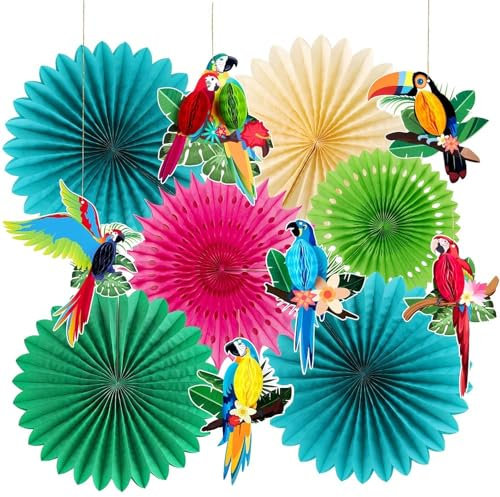 SUNBEAUTY Tropical Parrot Green Teal Party Decorations for Summer Hawaiian Luau Tiki Jungle Margaritaville Decor Supplies Hanging Tissue Paper Fans Honeycomb Balls
