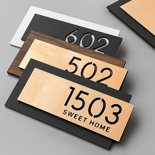 Plaques nominatives personnalisées en acrylique 3D noir et or avec nom de rue dans une police moderne - Numéro de maison et adresse de magasin