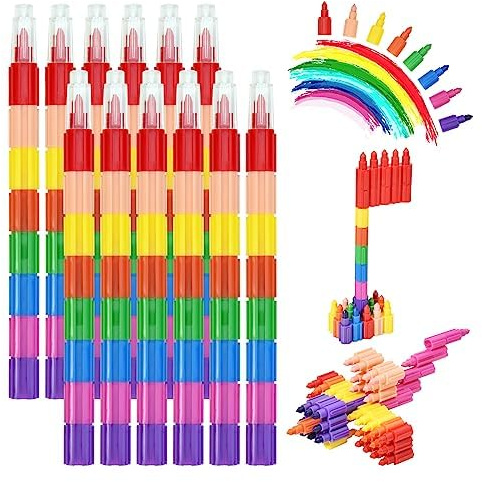 Wachsmalstifte, 12 Stück Stapelbare Buntstifte Kinder, 8 Farben in 1 | Baustein Buntstifte– Regenbogen, Sicher & Ungiftig, Ideal als Schultüten-Füllung oder Kleine Mitgebsel für Kindergeburtstage