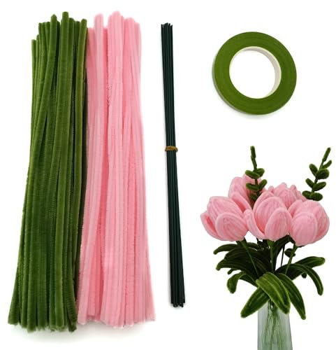 200 Stück Pfeifenputzern mit Blumendrähten und Blumenband,Pfeifenreiniger-Kit Chenilledraht für die Herstellung von Tulpensträußen, DIY-Bastelprojekten und Dekorationen (rosa + grün)