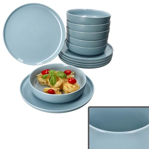 Ritzenhoff & Breker Jasper 12tlg Tafelservice Graublau I Steingut-Geschirr für 6 Personen I 6x Suppenteller 610ml & 6x Speiseteller I Essteller & tiefe Teller für Frühstück, Mittag & Abendbrot