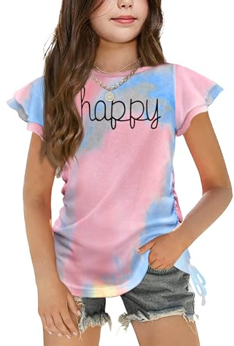 Arshiner Maglietta Bambina a Maniche Corte in Batik per Bambini Maglietta Estiva Girocollo Abbigliamento per Bambini con Coulisse 7-8 Anni