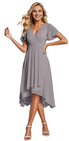Ever-Pretty Vestidos de Invitada de Boda Elegantes Vestidos de Noche de Gasa Mujer Midi Cortos Vestidos de Novia Gris 46