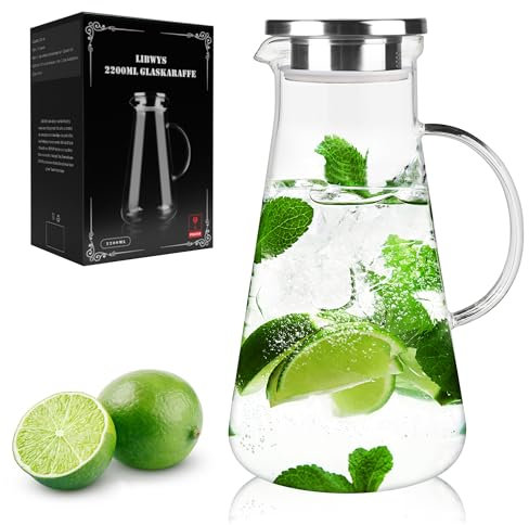 LIBWYS Jarra de agua de vidrio de 2200 ml, jarra de vidrio con tapa, jarra de agua de vidrio de borosilicato, jarra de vidrio resistente al calor para bebidas de bricolaje, jugo, té caliente/frío,