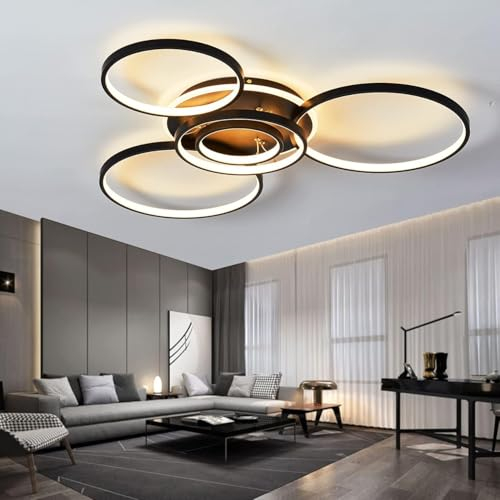 Deckenleuchten Dimmbare Wohnzimmerlampe mit Fernbedienung, 95cm, 6-Ring Deckenlampe 76W 7600LM Deckenleuchte aus Metall Modern-Design für Schlafzimmer, Küche, Esszimmer, Wohnzimmer (Schwarz-95CM)