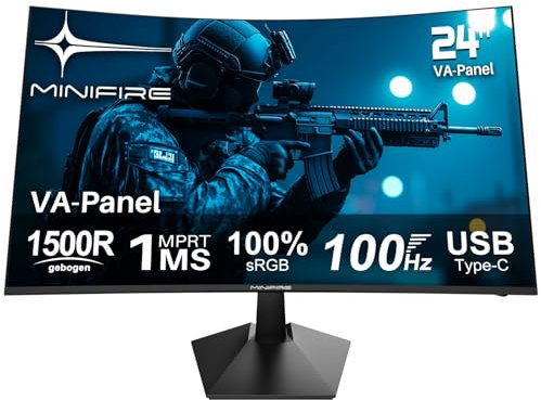 Minifire 24 Zoll Gaming Monitor, 100Hz, Curved Gaming Monitor, Lautsprecher, USB Type-C Port, 1Ms, sRGB100%, FHD 1080P Computer Bildschirm, VESA kompatibel, Eye Care Adaptive Sync HDMI Port (MF24C1 )