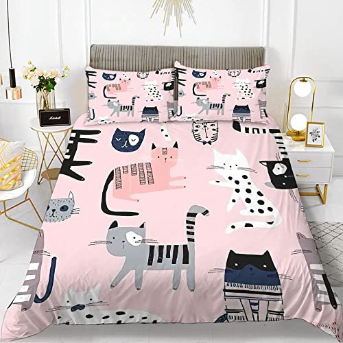 CHCHNXY Bettwäsche 200x200,Rosa Katze 3 Teilig Weich Und Atmungsaktiv Bettwäsche-Set,Für Jugendliche Erwachsene 1 Bettbezüge Mit Reißverschluss Und 2 Kissenbezug 80x80cm