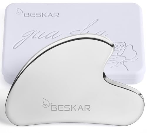 BESKAR Gua Sha Stein, Edelstahl Guasha Gesichts-Werkzeuge für Jawline Sculpting, Straffen Gesichtshaut und Reduzieren Falten, Gesicht Augen Körper Hals Massage Werkzeug