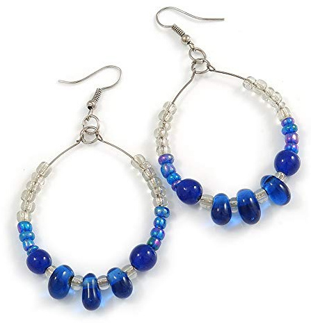 Boucles d'oreilles créoles en céramique et perles de verre Transparent/bleu roi – 70 mm L, taille unique, Céramique Verre