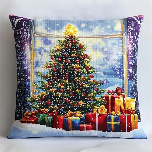 AMBATTERY Kit Coussin Au Point De Croix, arbre de Noël Coussins Broder Au Point De Croix, Kit Broderie Housse De Coussin Point, Diy Kits De Broderie Au Point De Croix 45 * 45cm